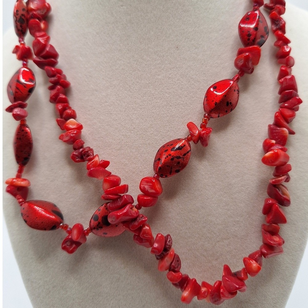 Vintage red beaded multi strand necklace glass beads chips Bo Ho chunky
